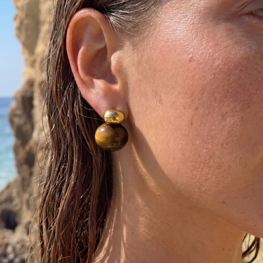 Gold Drop Earrings with Brown Stone