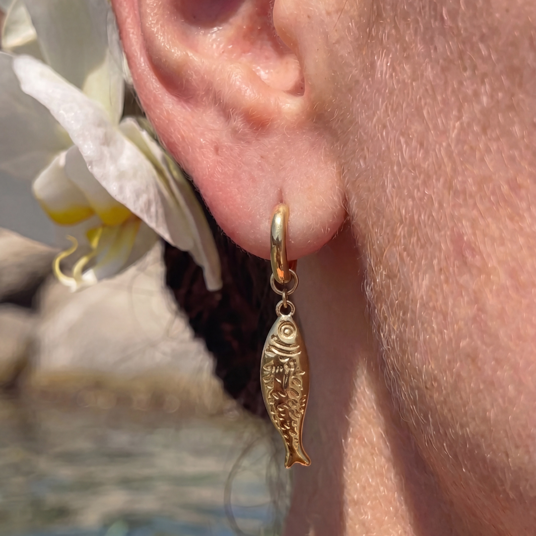 Gold Fish Charm Hoop Earrings