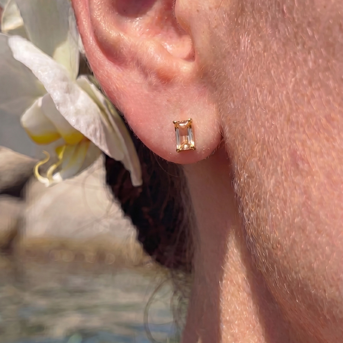 Gold Stud Earrings with Rectangular Crystal