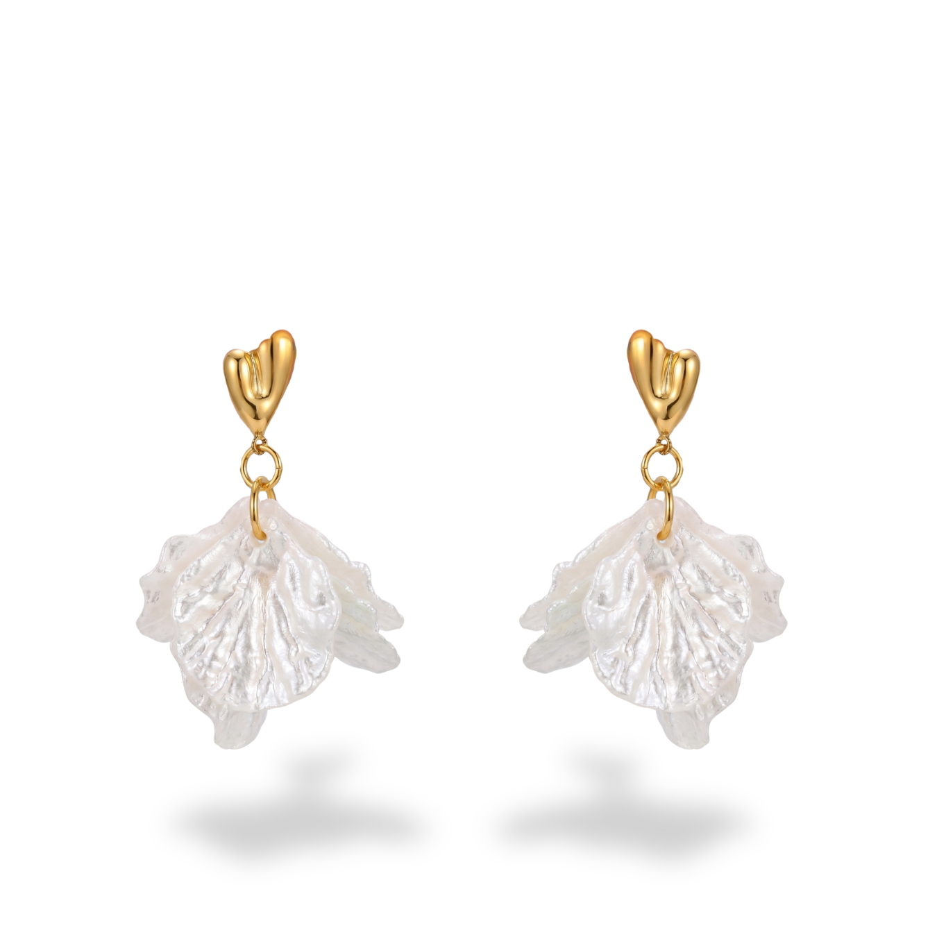 Gold Stud Earrings with White Flower Drop Charms