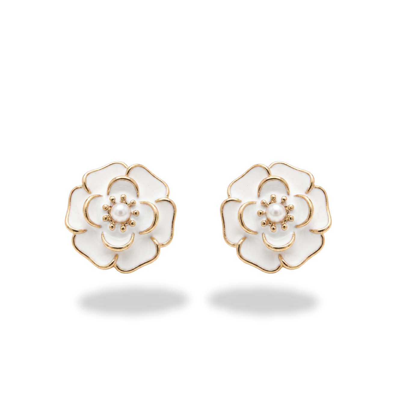 Gold Flower Stud Earrings with White Pearl Center