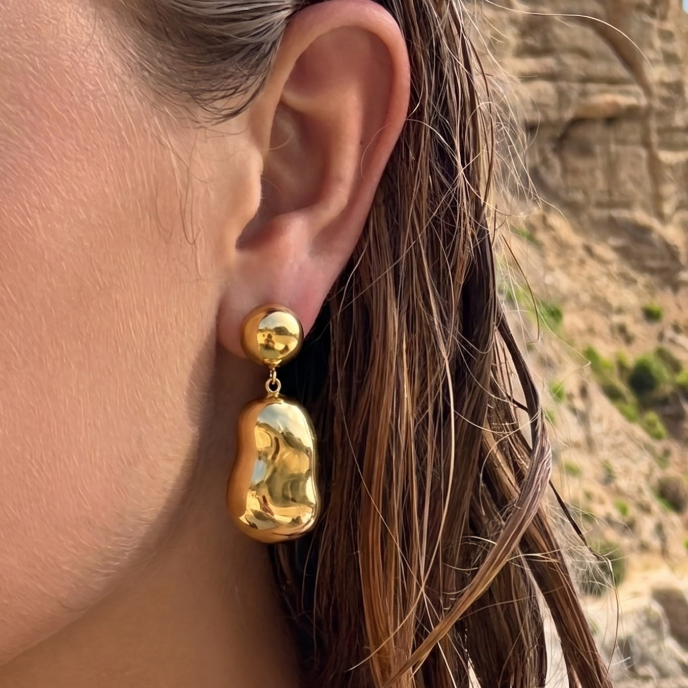 Gold Ball Stud Earrings with Drop Pendant Design