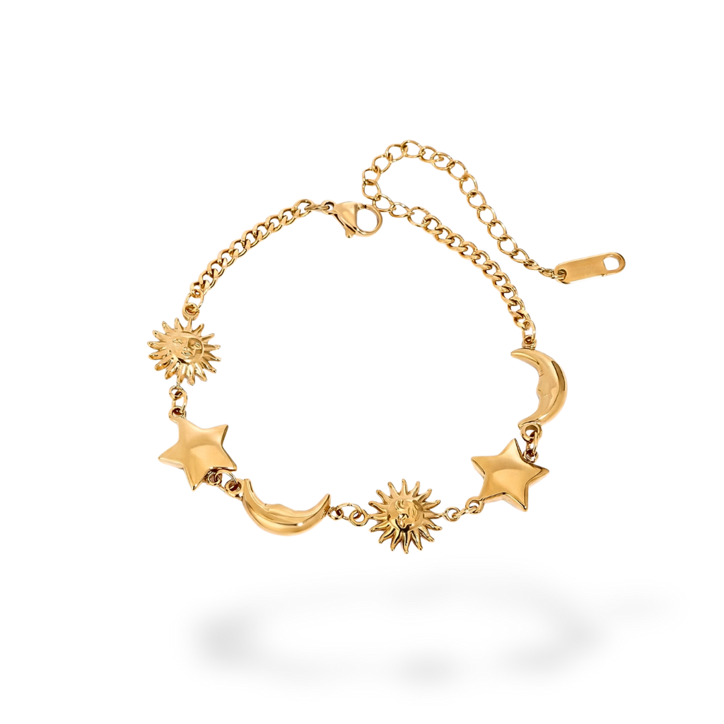 Pulsera Dorada con Sol, Luna y Estrellas