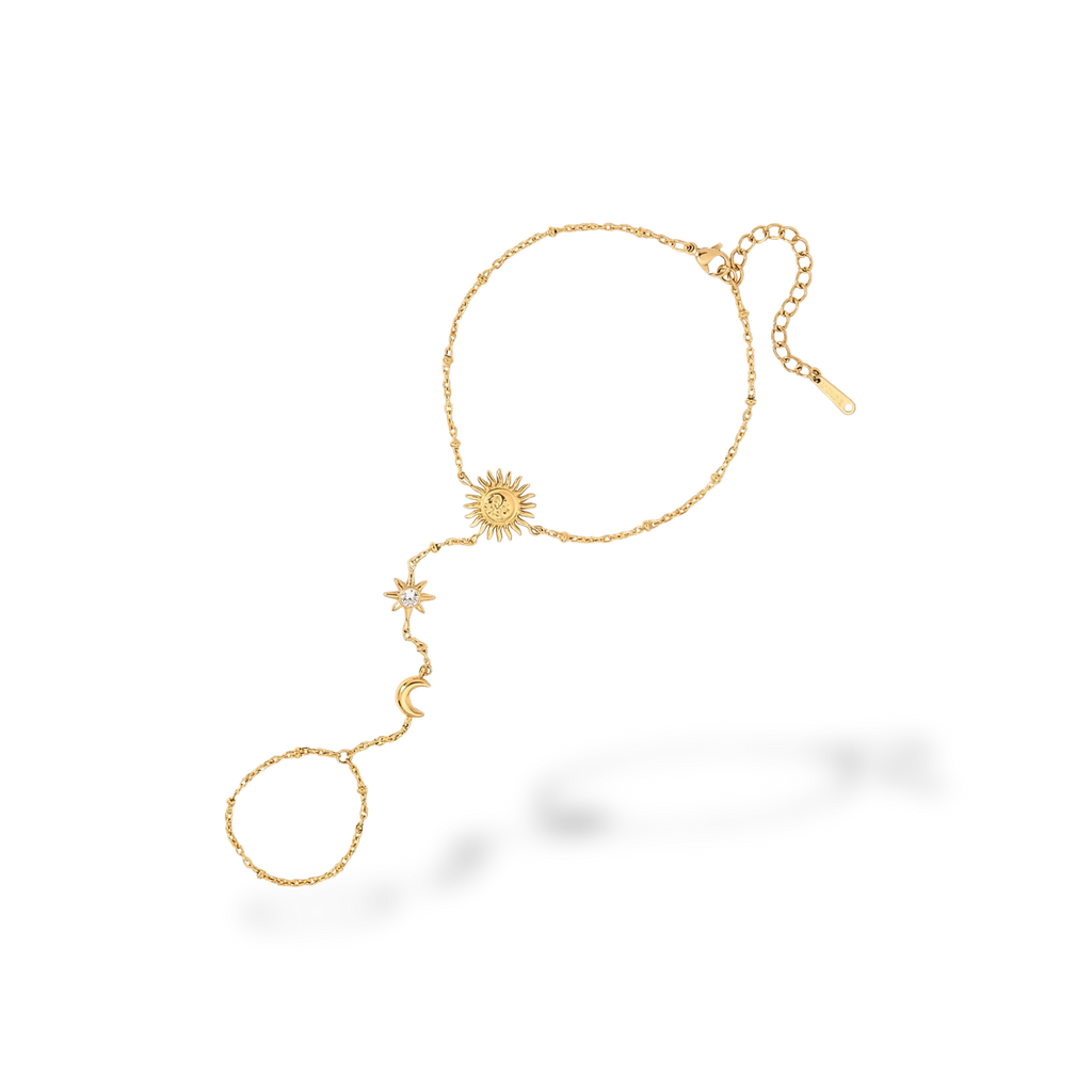 Pulsera de Mano Dorada con Sol y Luna